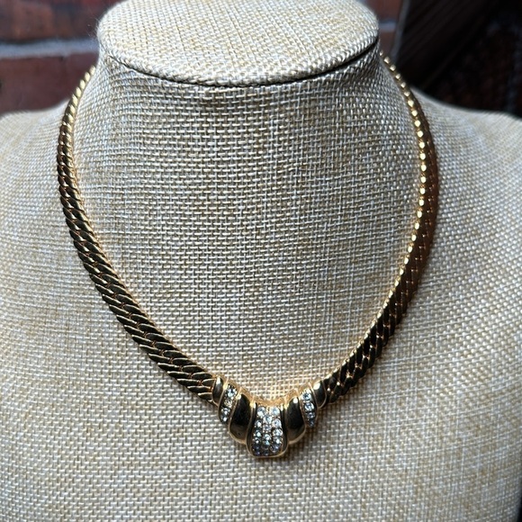 Signed Erwin Pearl Collar Necklace Snake Chain Rhinestones Vintage 4055 Y - Picture 2 of 9